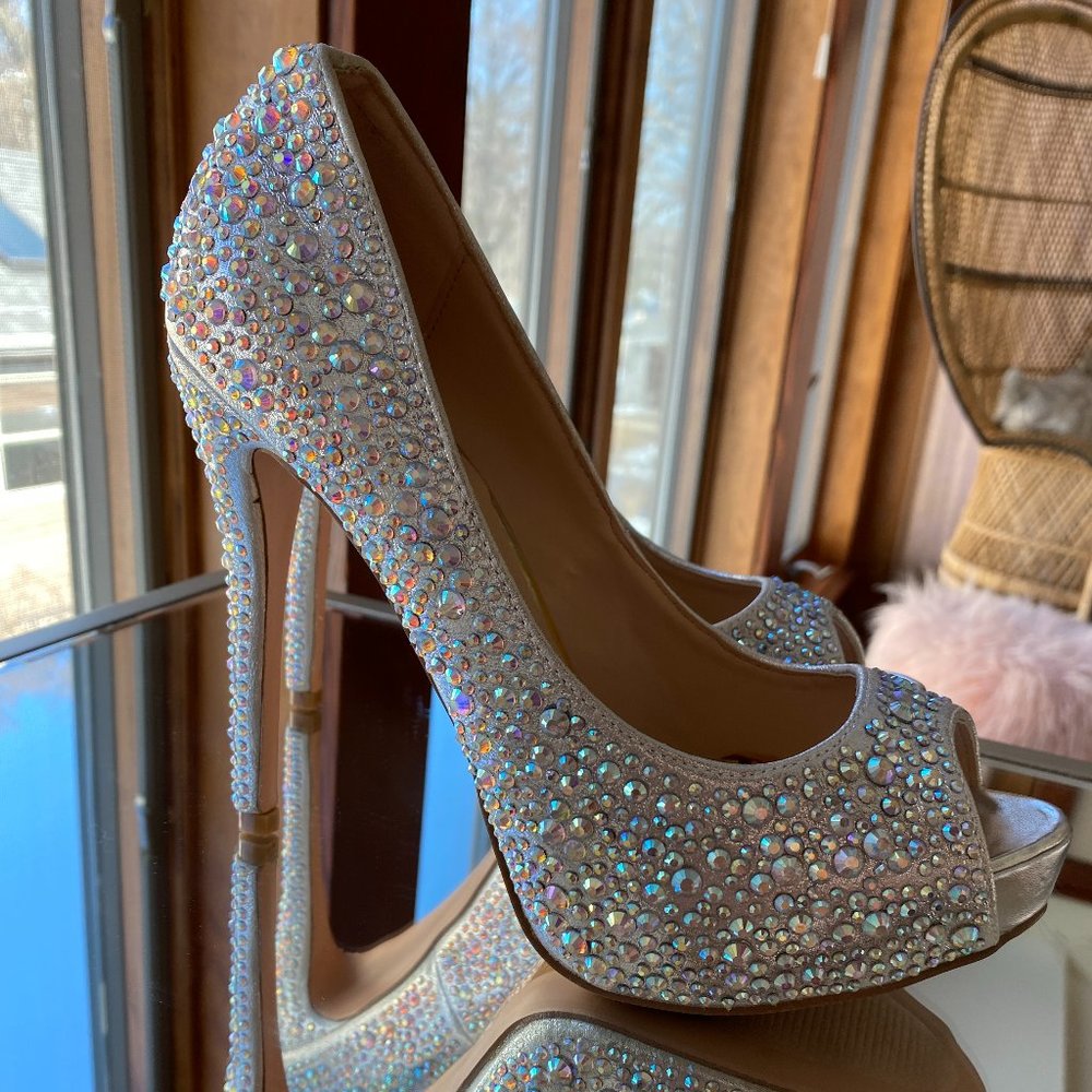 Rhinestone Glimmer Platform Peep Toe Heels